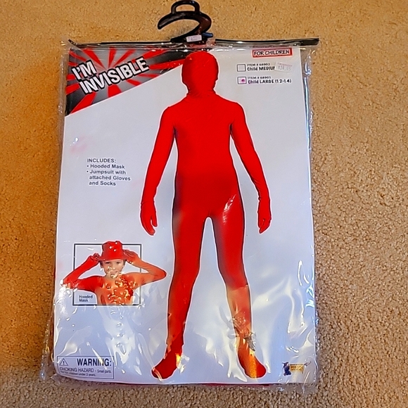 Red costume I'm Invisible Kids bodysuit mask/jumpsuit/gloves socks orig pkg Sz L - Picture 1 of 10